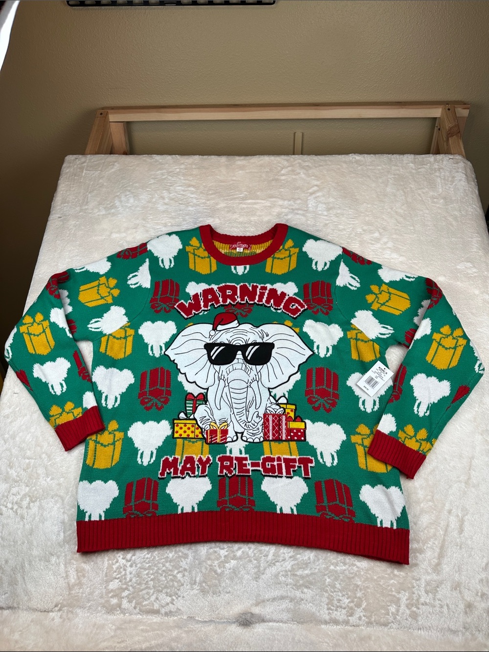 Holiday Elephant Crewneck Sweater - Green "Warning May Re-Gift"